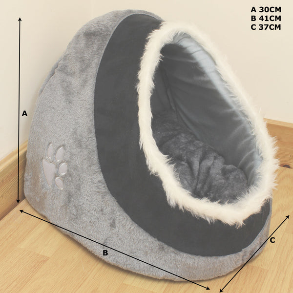 Grey & Black Warm Fleece Igloo Pet Bed with Fur Trim For Dog