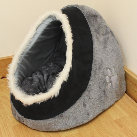 Grey & Black Warm Fleece Igloo Pet Bed with Fur Trim For Dog